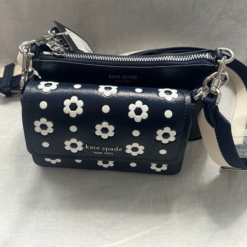 Kate Spade New‎ York Navy Daisy Dot Embossed Double Up Crossbody Bag #417